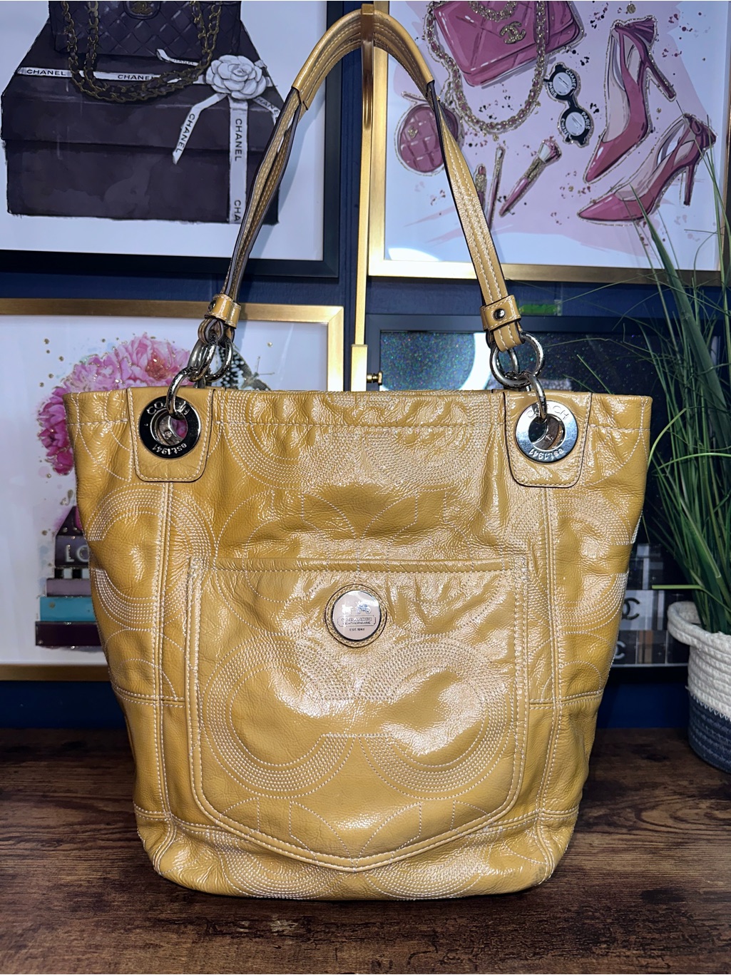 Coach Kristin Op Art Patent Leather Tote Bag Mustard Yellow F1265